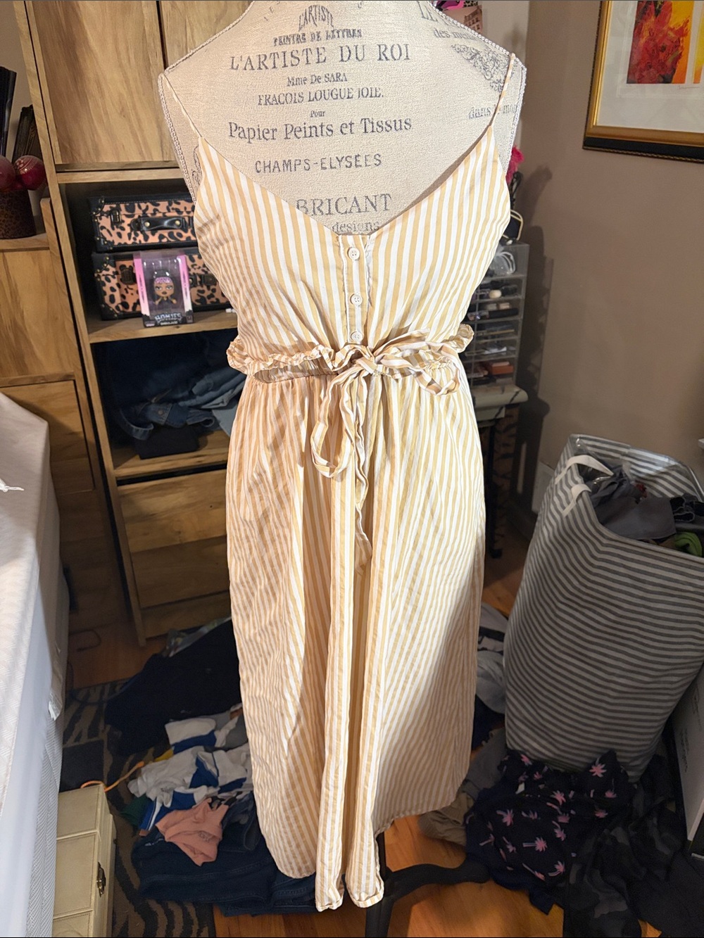 Striped Yellow Line & Dot Tie-Waist Sundress - Women - Medium